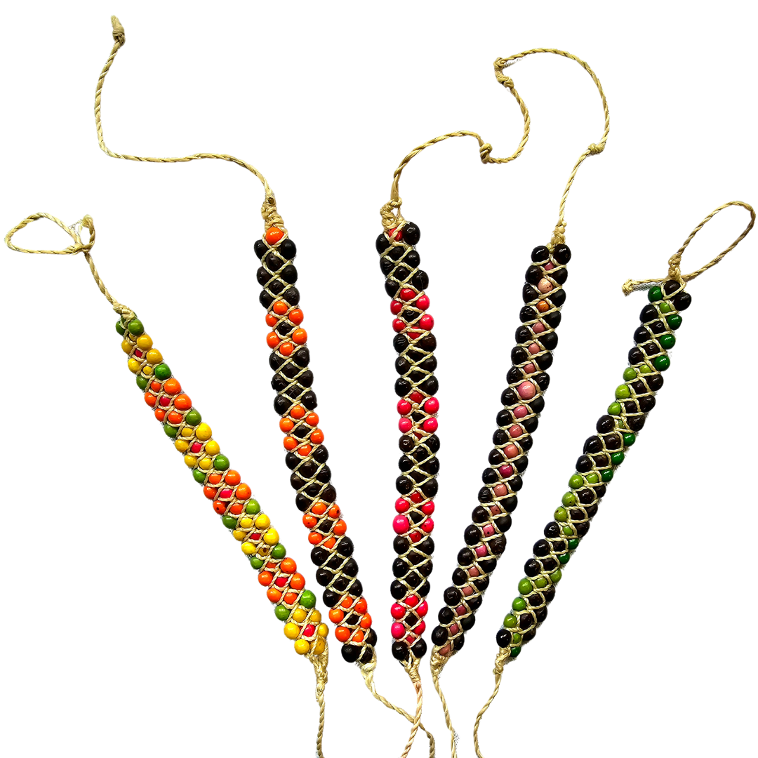 Three-row colored achira seed bracelet made by Peruvian Amazon artisan