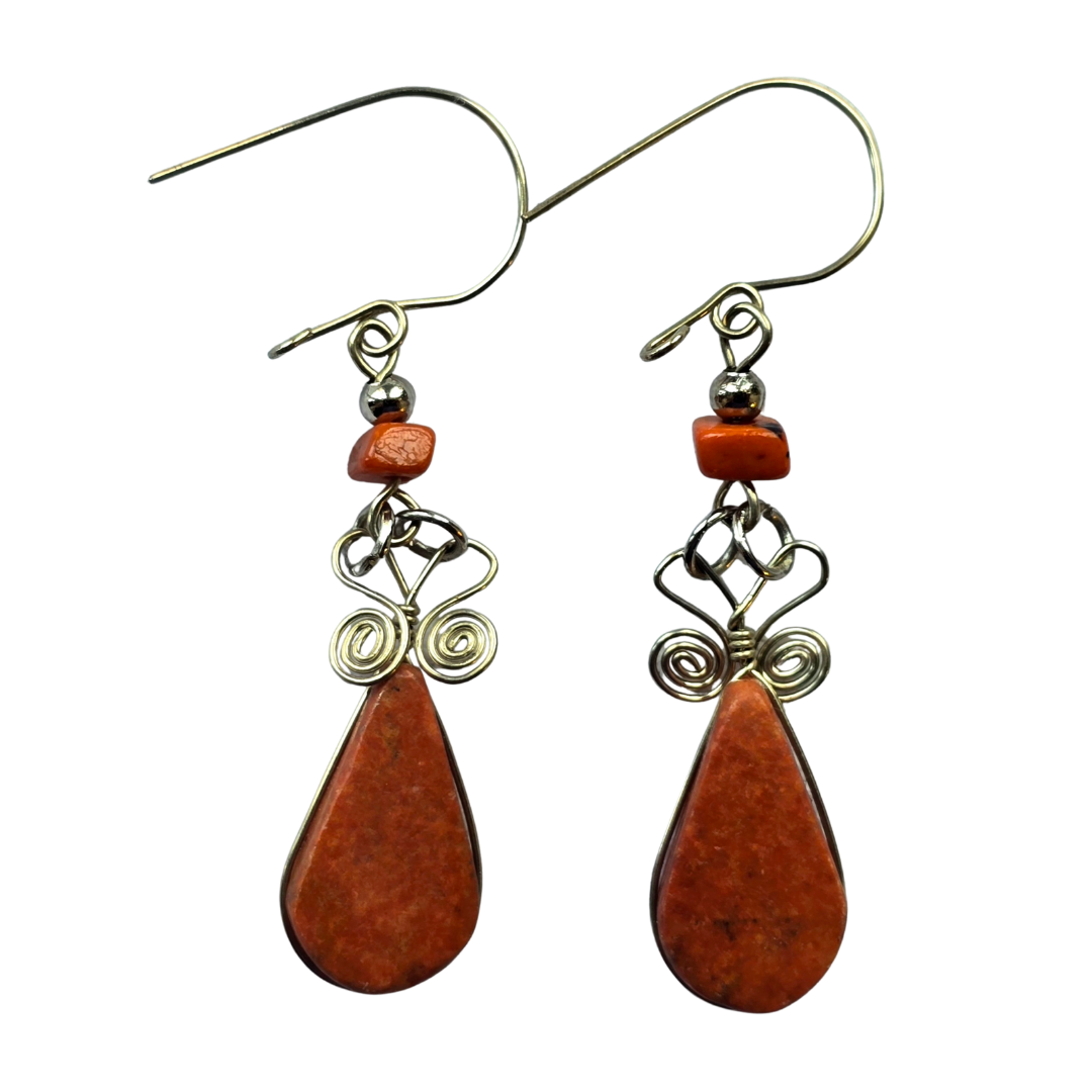 Brown Jasper teardrop stone and silver wire earrings - Made by Peruvian Amazon Artisan