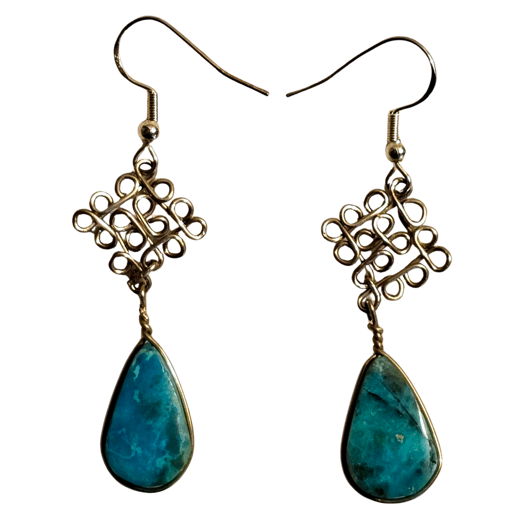 Peruvian turquoise teardrop stone and silver wire earrings - made by Peruvian Amazon artisan