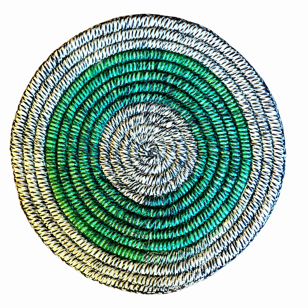 Woven hot pad (trivet) and center piece with blended green rings - Amazon Ecology