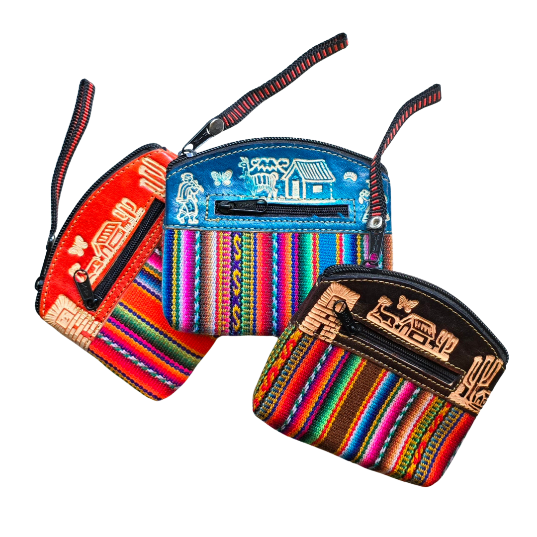 Multi-color mantel fabric coin purses from Peru - Amazon Ecology