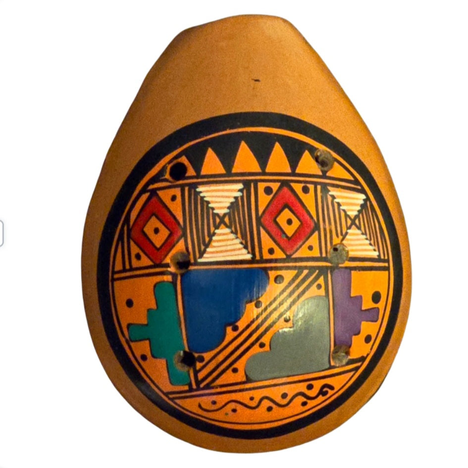 Ocarina ceramic flute with Shipibo and multi-colored designs from Peru - Amazon Ecology