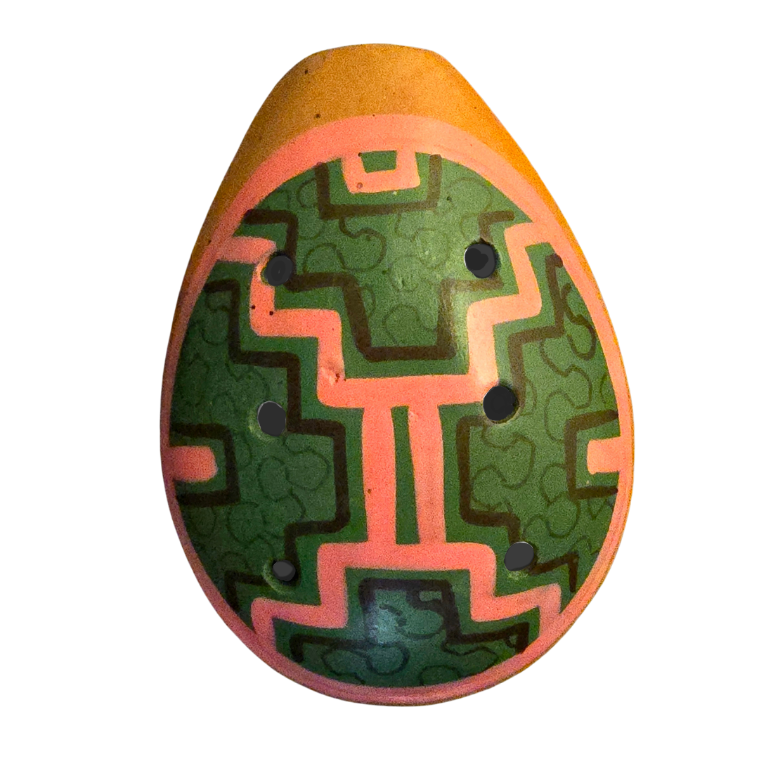 Ocarina ceramic flute with Shipibo and multi-colored designs from Peru - Amazon Ecology