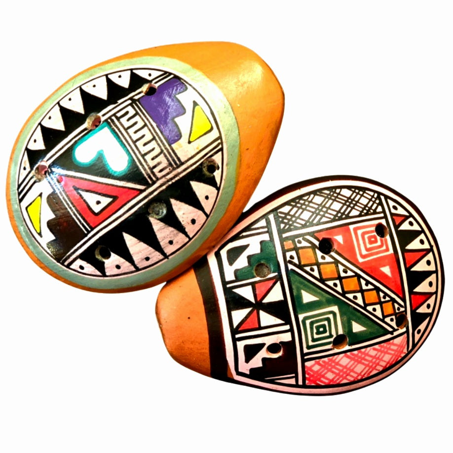 Ocarina ceramic flute with Shipibo and multi-colored designs from Peru - Amazon Ecology