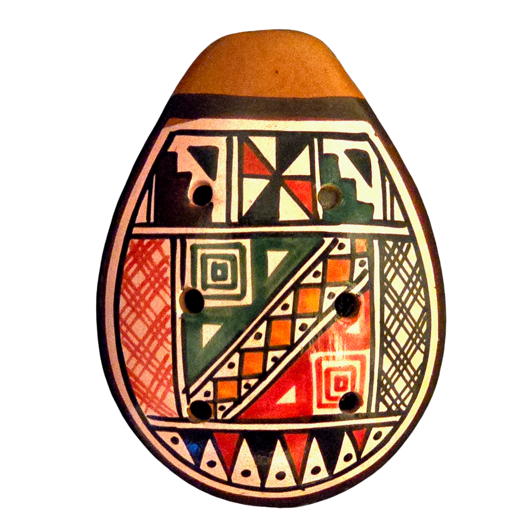 Ocarina ceramic flute with Shipibo and multi-colored designs from Peru - Amazon Ecology