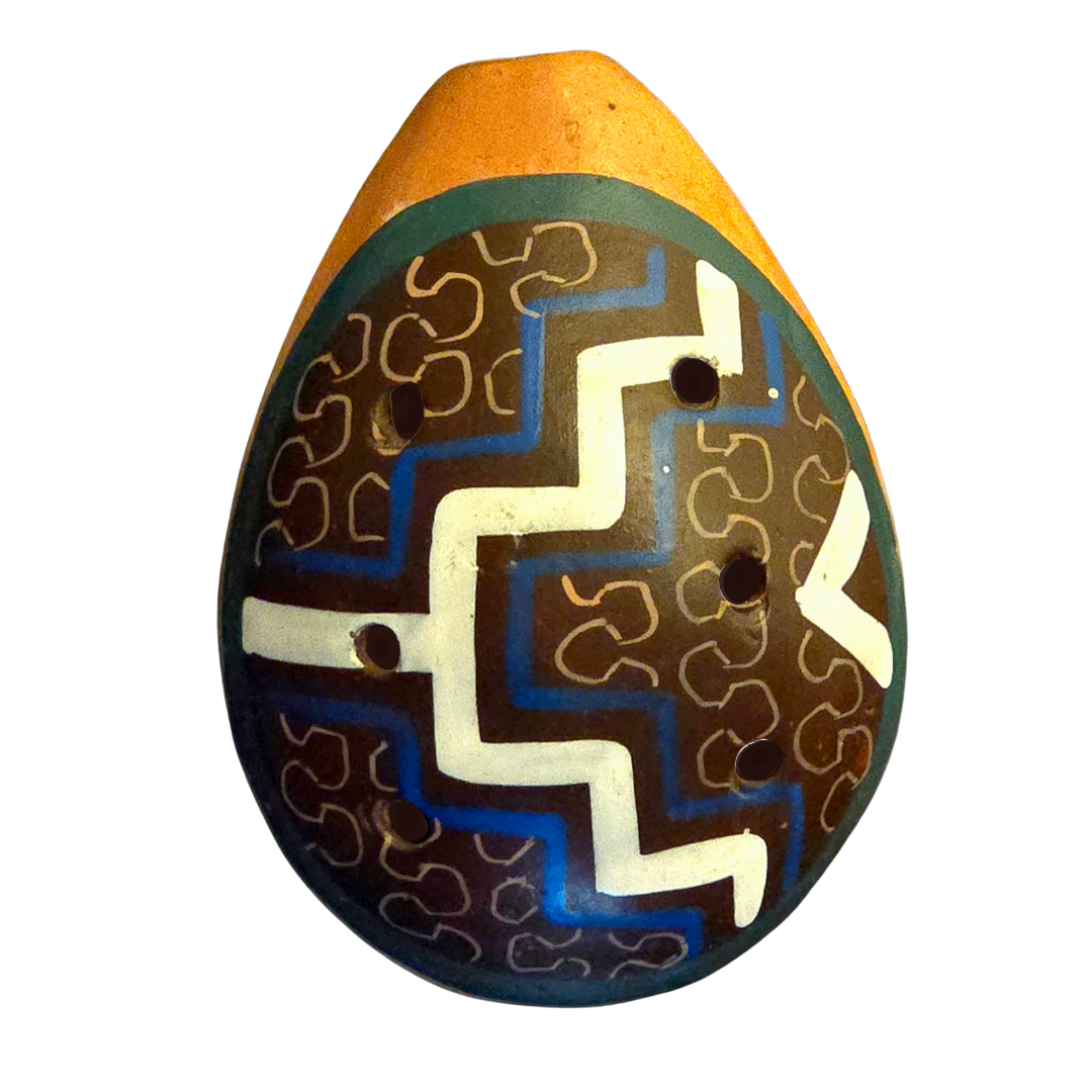 Ocarina ceramic flute with Shipibo and multi-colored designs from Peru - Amazon Ecology