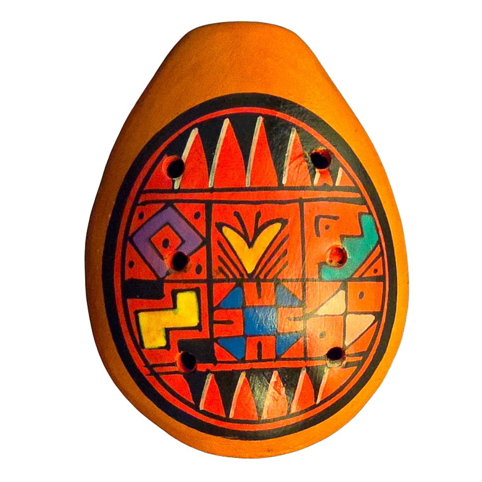 Ocarina ceramic flute with Shipibo and multi-colored designs from Peru - Amazon Ecology