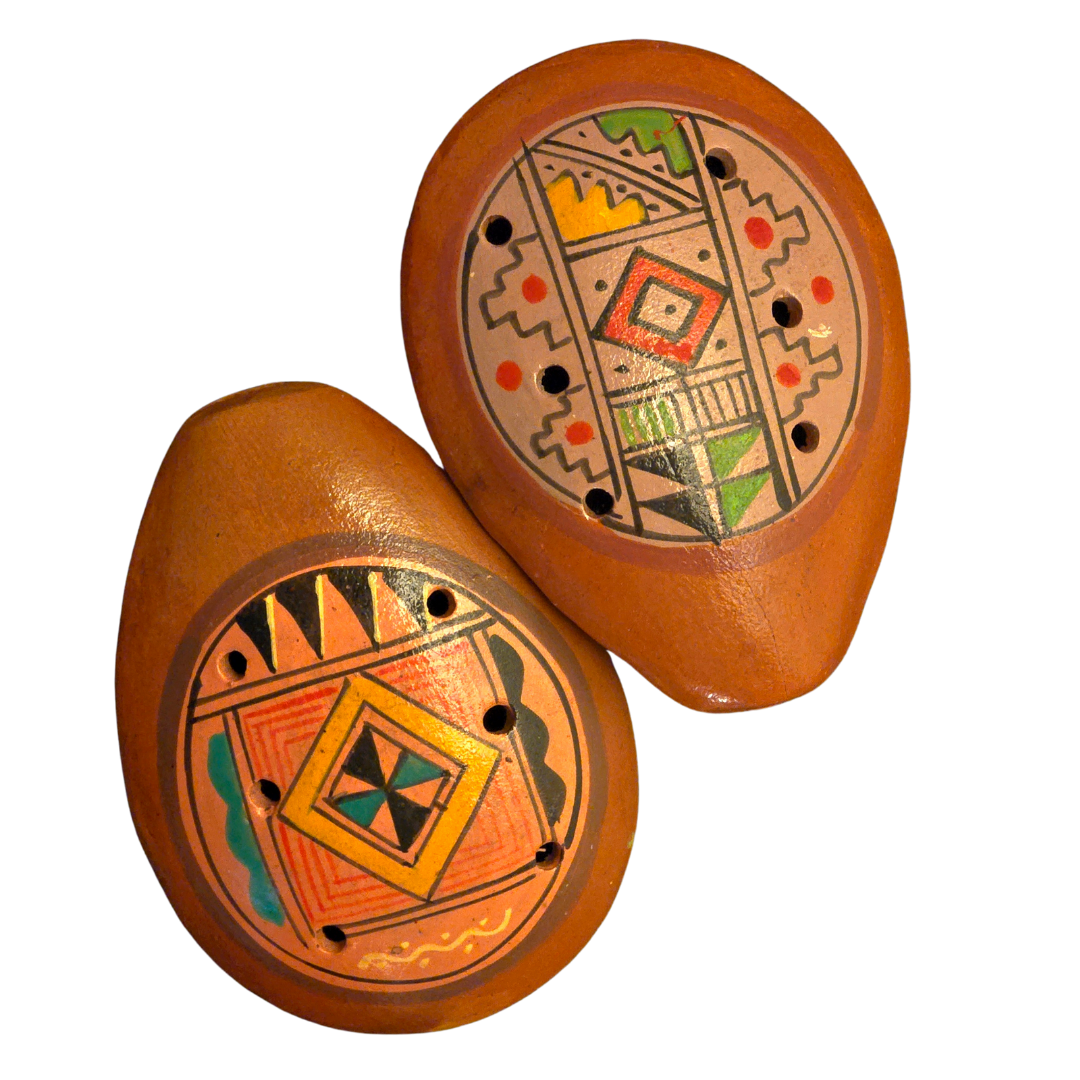 Ocarina ceramic flute with Shipibo and multi-colored designs from Peru - Amazon Ecology