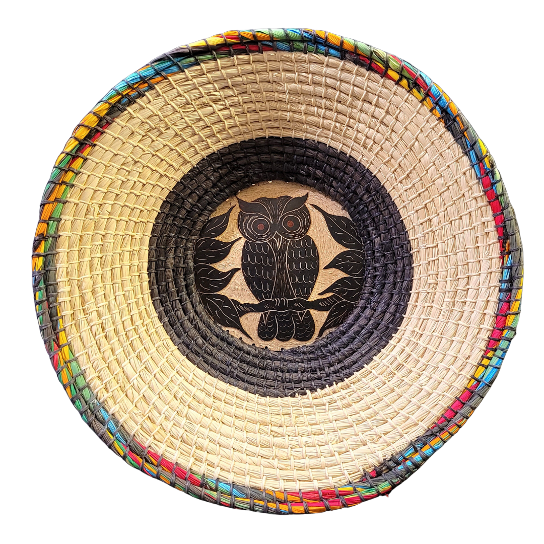 CHAMBIRA BASKET WITH WILDLIIFE CARVING ON CALABASH CENTER - MADE BY PERUVIAN AMAZON ARTISAN - Amazon Ecology