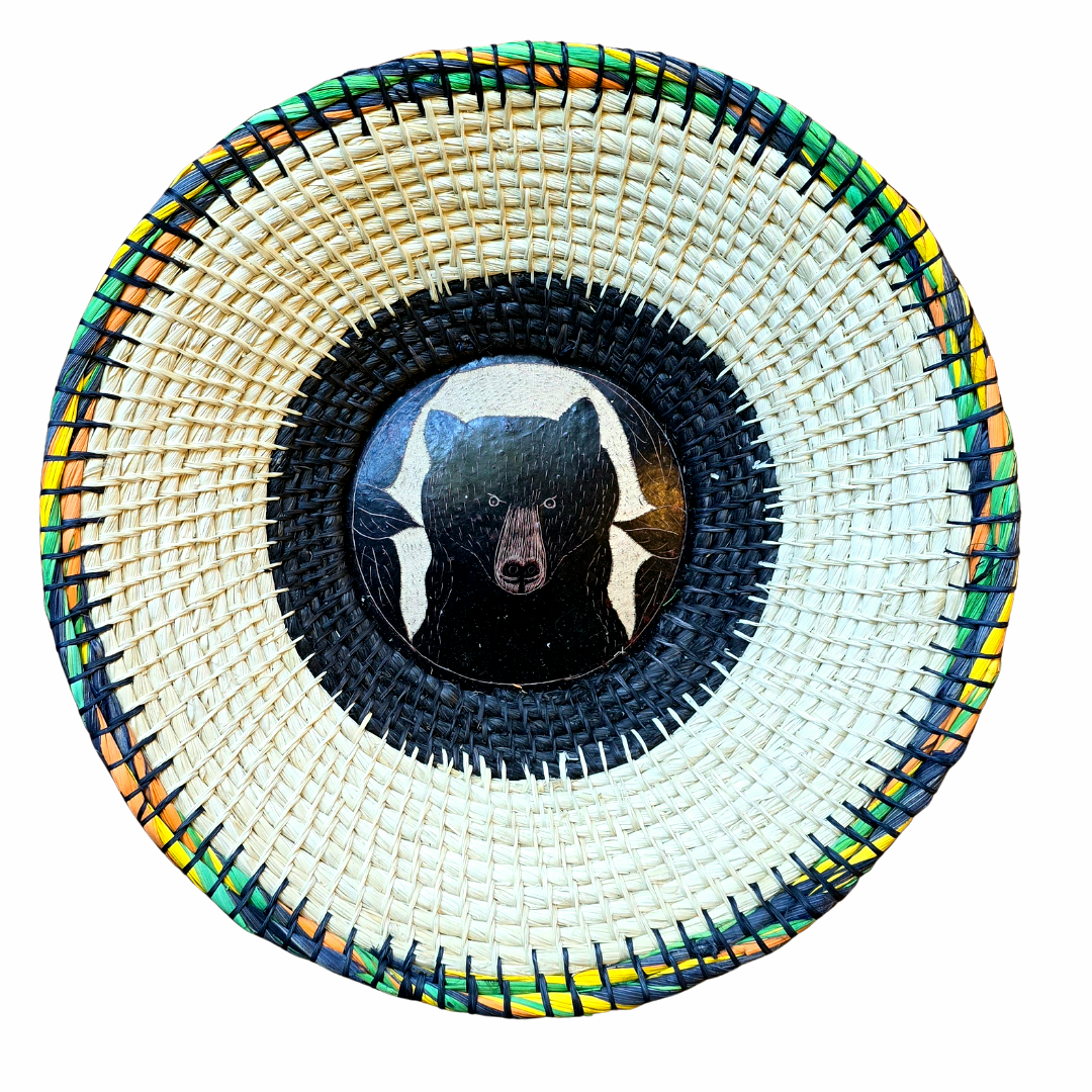 CHAMBIRA BASKET WITH WILDLIIFE CARVING ON CALABASH CENTER - MADE BY PERUVIAN AMAZON ARTISAN - Amazon Ecology