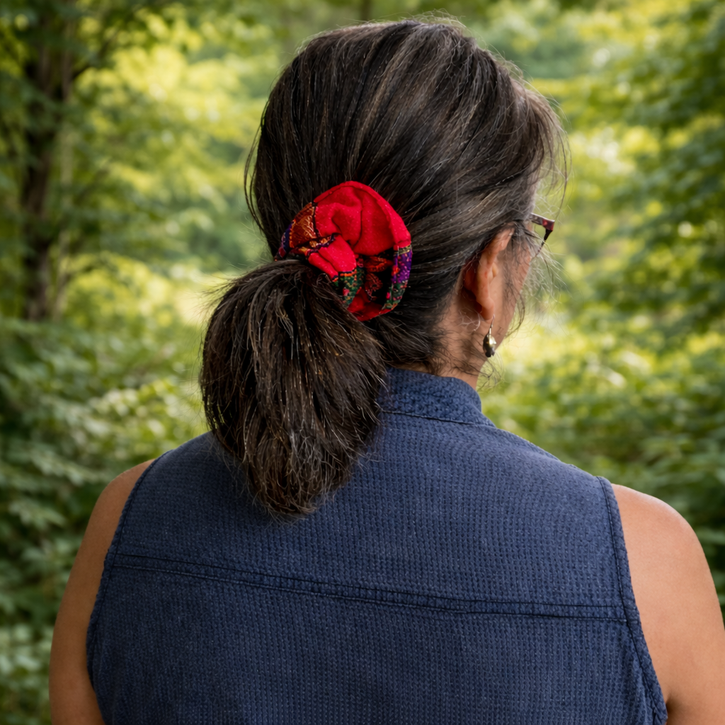 Colorful mantel pattern cotton scrunchies - made by artisan from Peruvian Amazon - Amazon Ecology