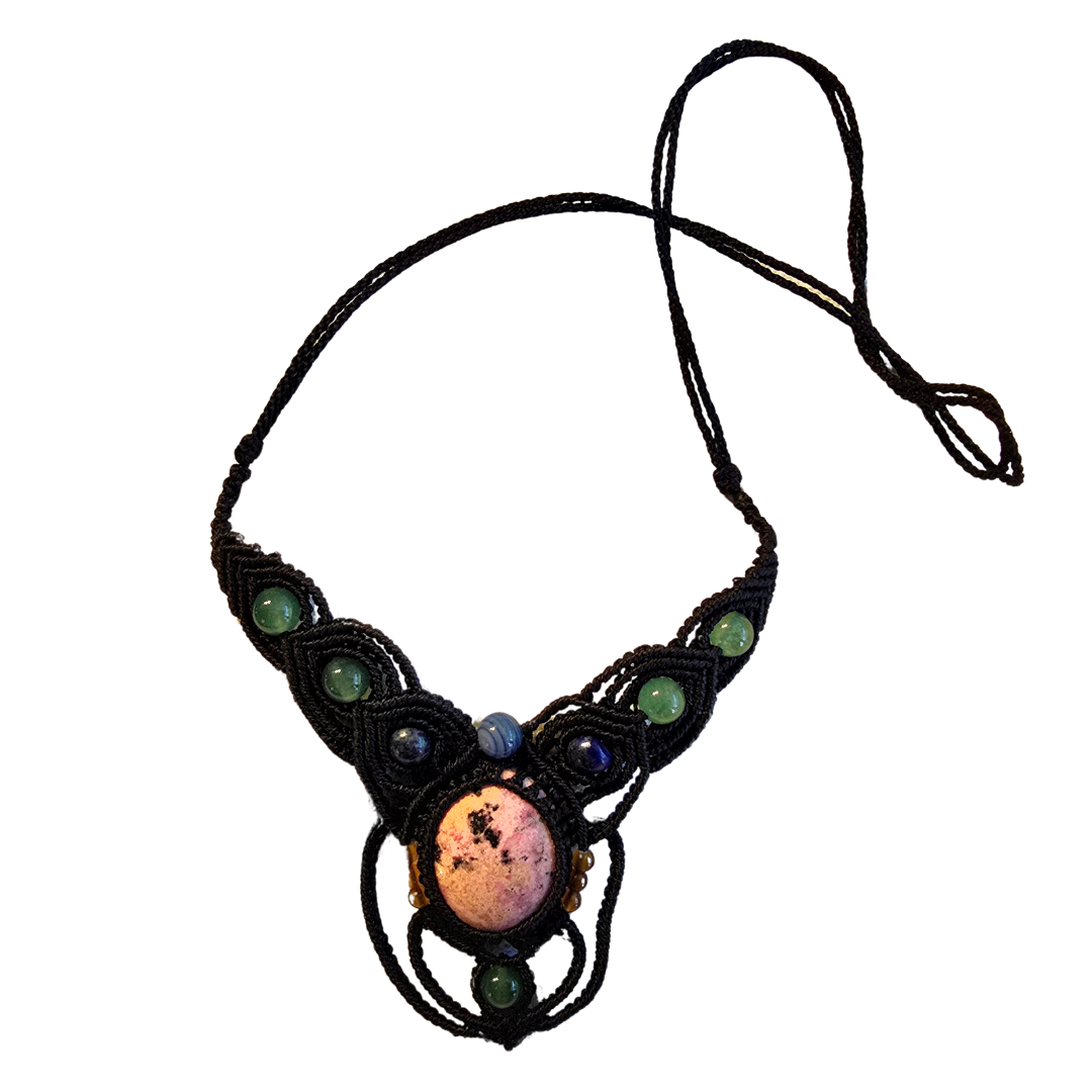 Pink jasper stone macrame necklace from the Peruvian Amazon