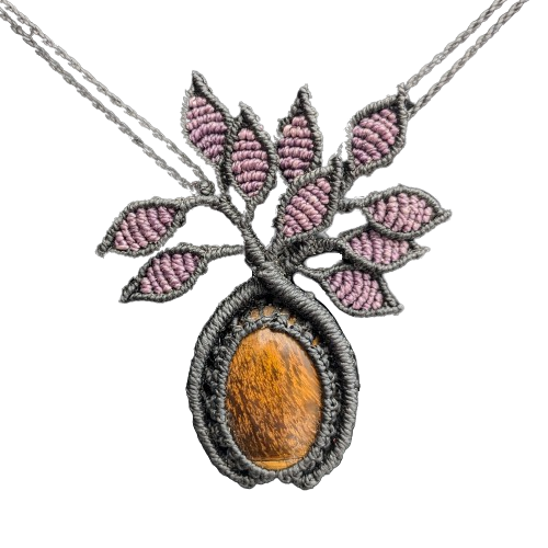Tiger's eye stone macrame with leaves necklace from the Peruvian Amazon - Amazon Ecology