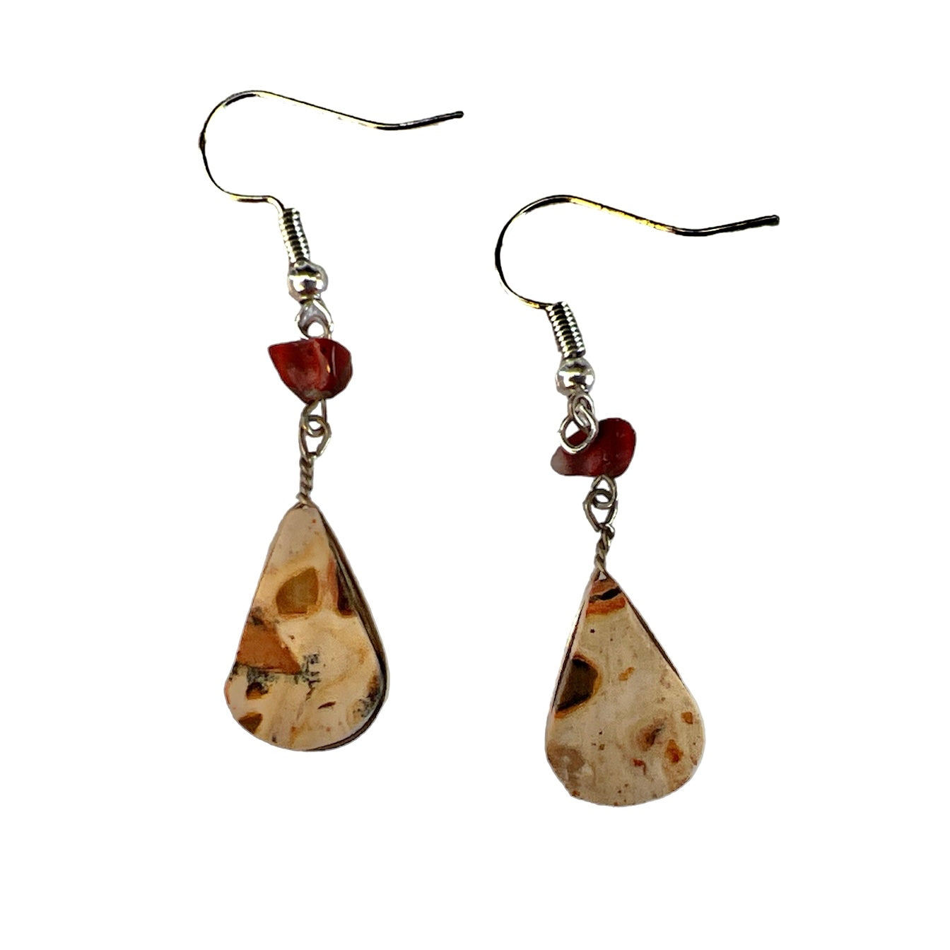 Leopard Jasper teardrop stone and silver wire earrings - from the Peruvian Amazon