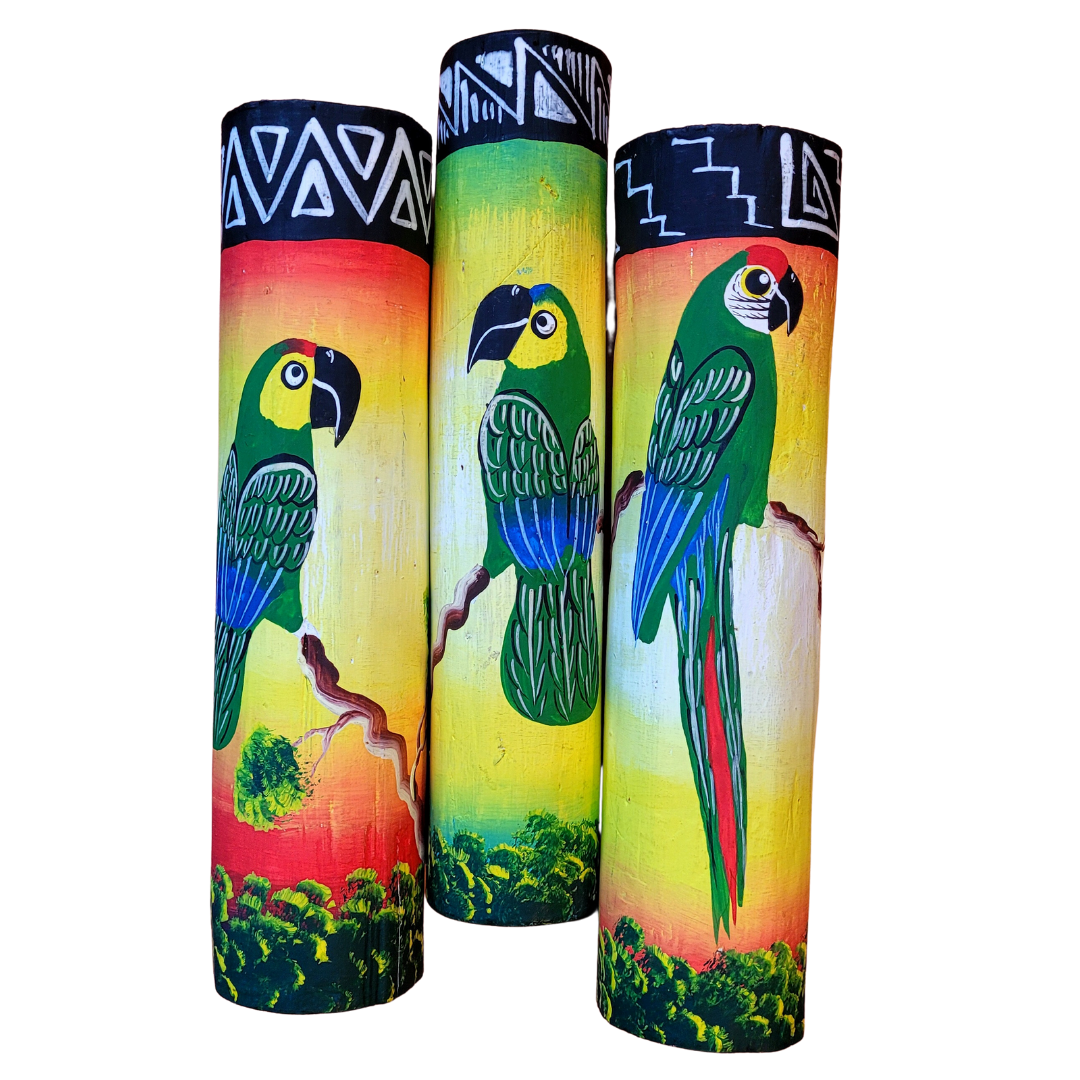 Rainsticks with wildlife and Kukama designs from the Peruvian Amazon - Amazon Ecology