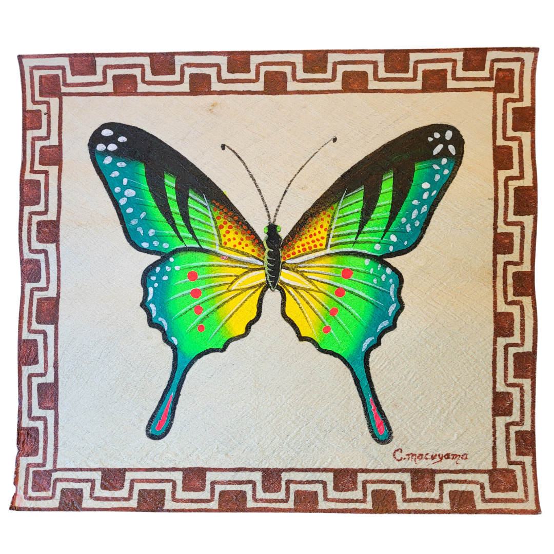 Kukama butterfly painting on llanchama tree bark canvas - Amazon Ecology