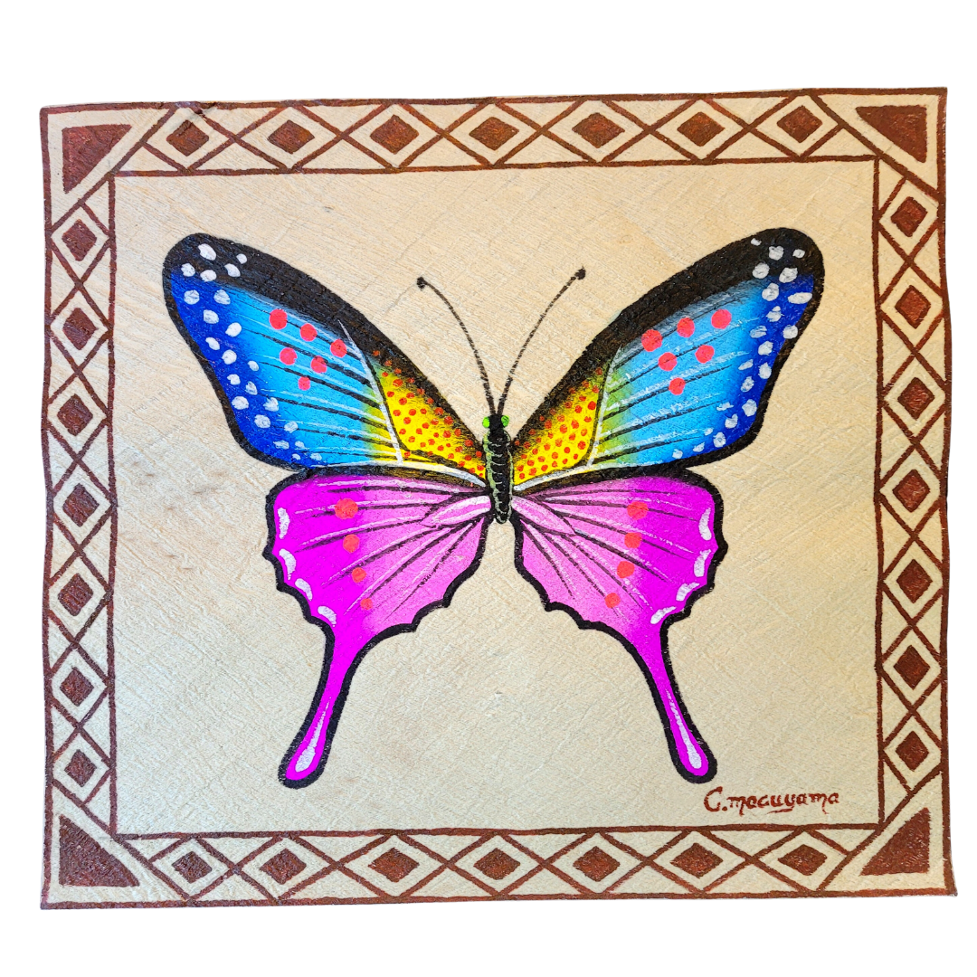 Kukama butterfly painting on llanchama tree bark canvas - Amazon Ecology