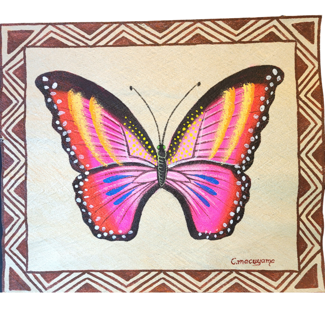 Kukama butterfly painting on llanchama tree bark canvas - Amazon Ecology