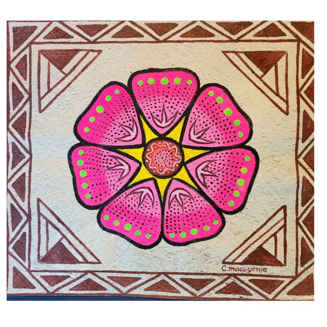 Kukama ayahuasca flower painting on llanchama tree bark canvas - made by Peruvian Amazon artists - Amazon Ecology