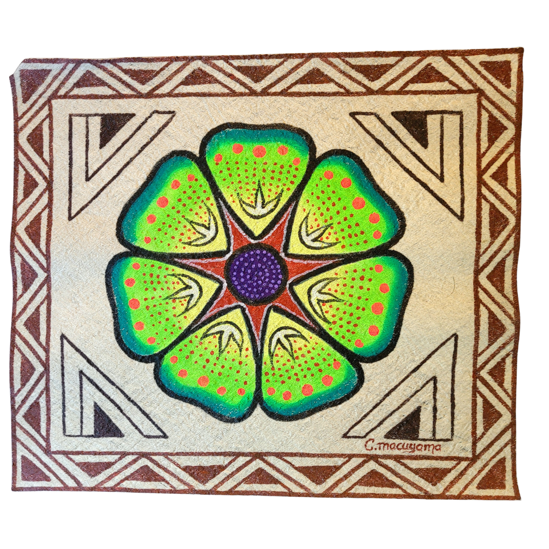 Kukama ayahuasca flower painting on llanchama tree bark canvas - made by Peruvian Amazon artists - Amazon Ecology