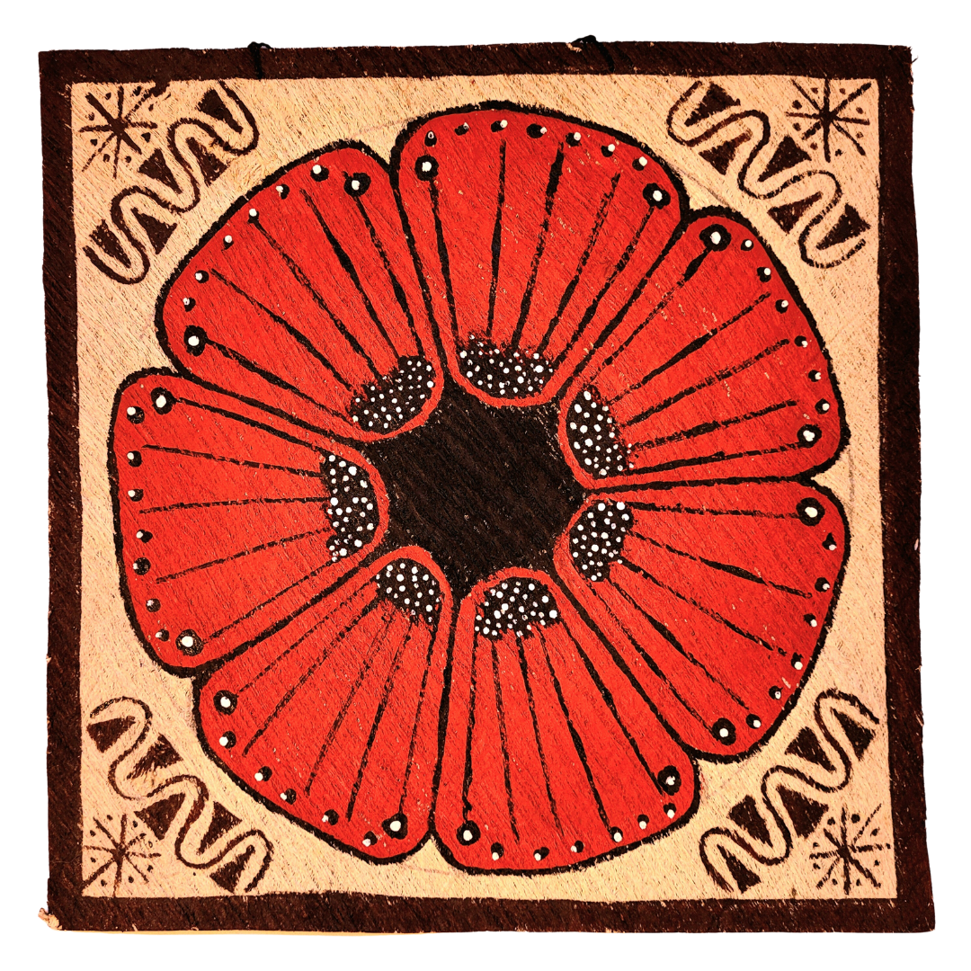 Kukama ayahuasca flower painting on llanchama tree bark canvas - made by Peruvian Amazon artists - Amazon Ecology