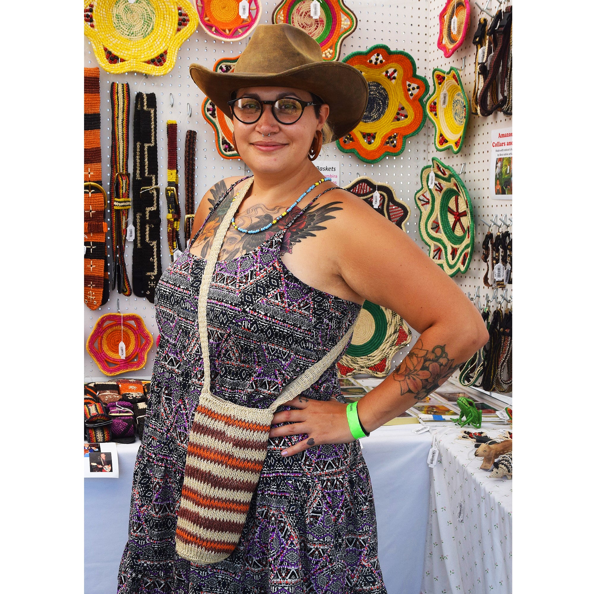 Fair-Trade Bottle Carrier/Wine Tote with double maroon and orange zig-zag bands - Amazon Ecology