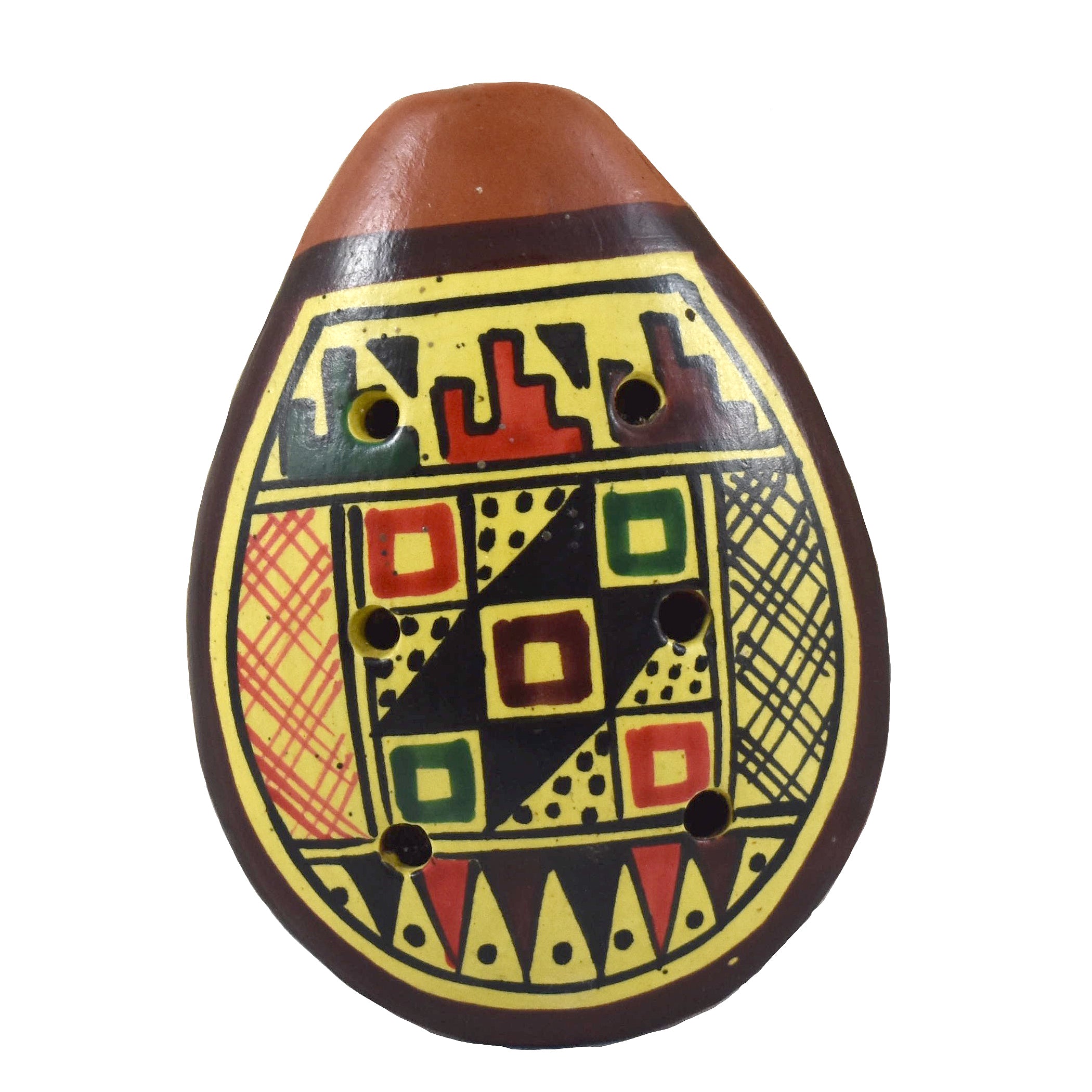 Ocarina ceramic flute with Shipibo and multi-colored designs from Peru - Amazon Ecology