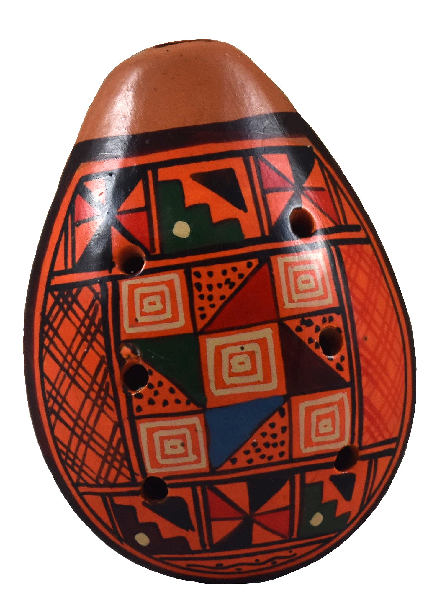 Ocarina ceramic flute with Shipibo and multi-colored designs from Peru - Amazon Ecology