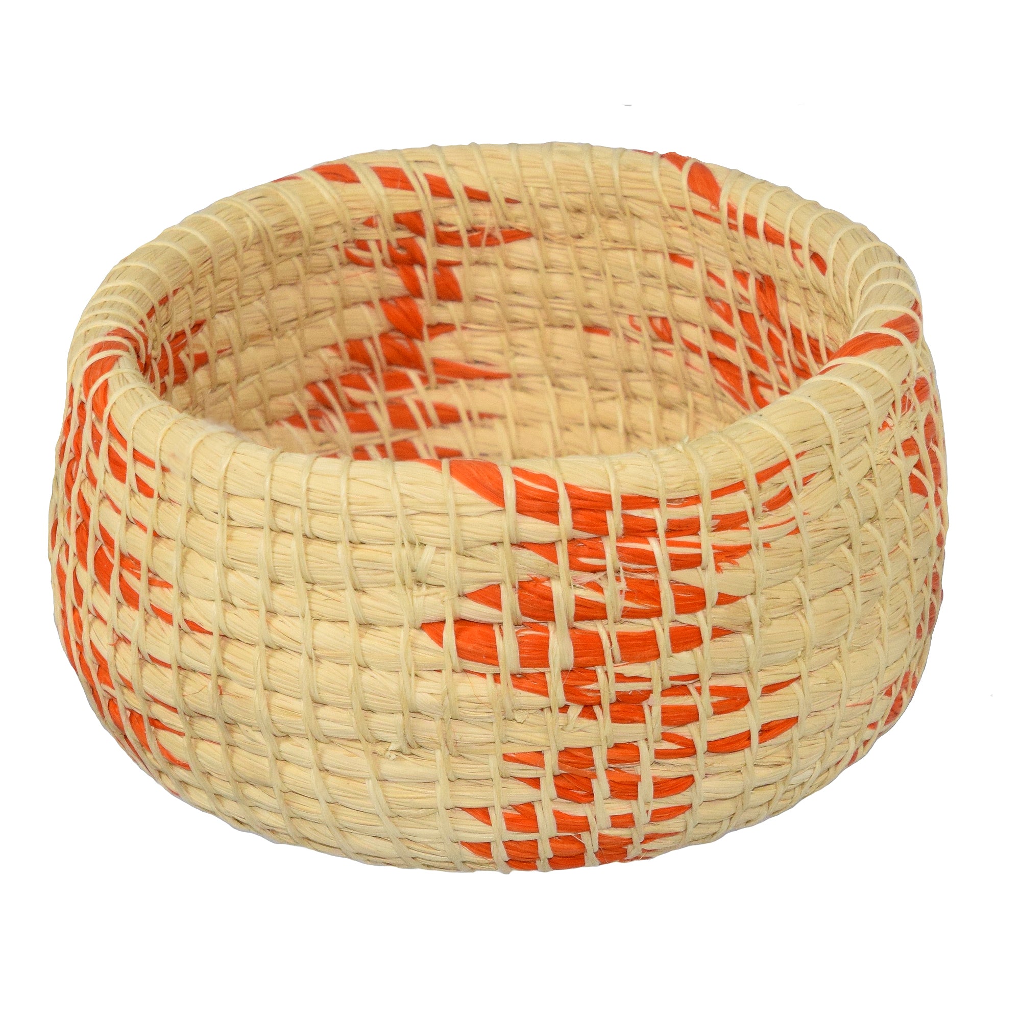 White chambira woven pots colored swirls with open top - handmade by Peruvian artisan - Amazon Ecology