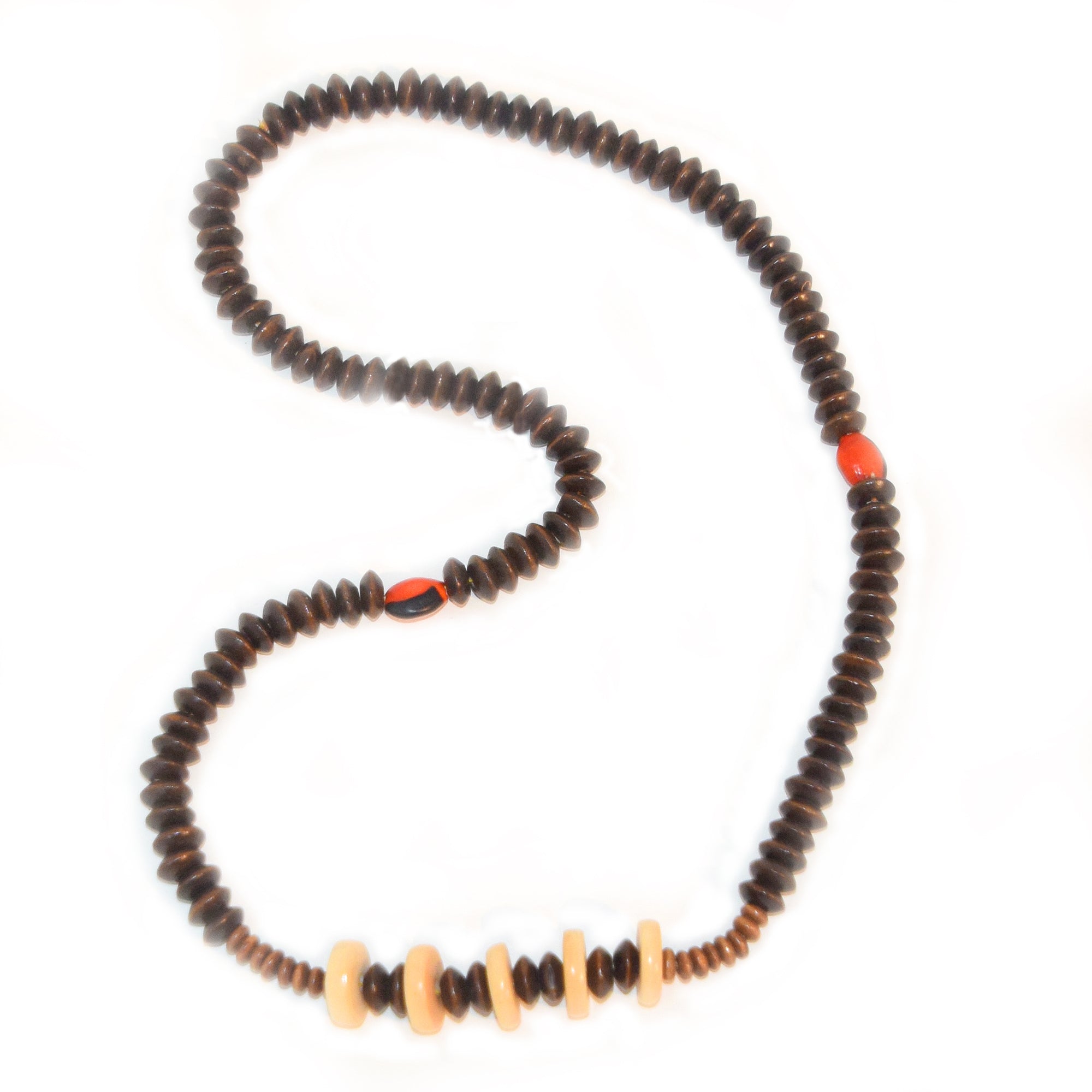 Carved tagua palm nut disks and wooden bead necklace - Amazon Ecology