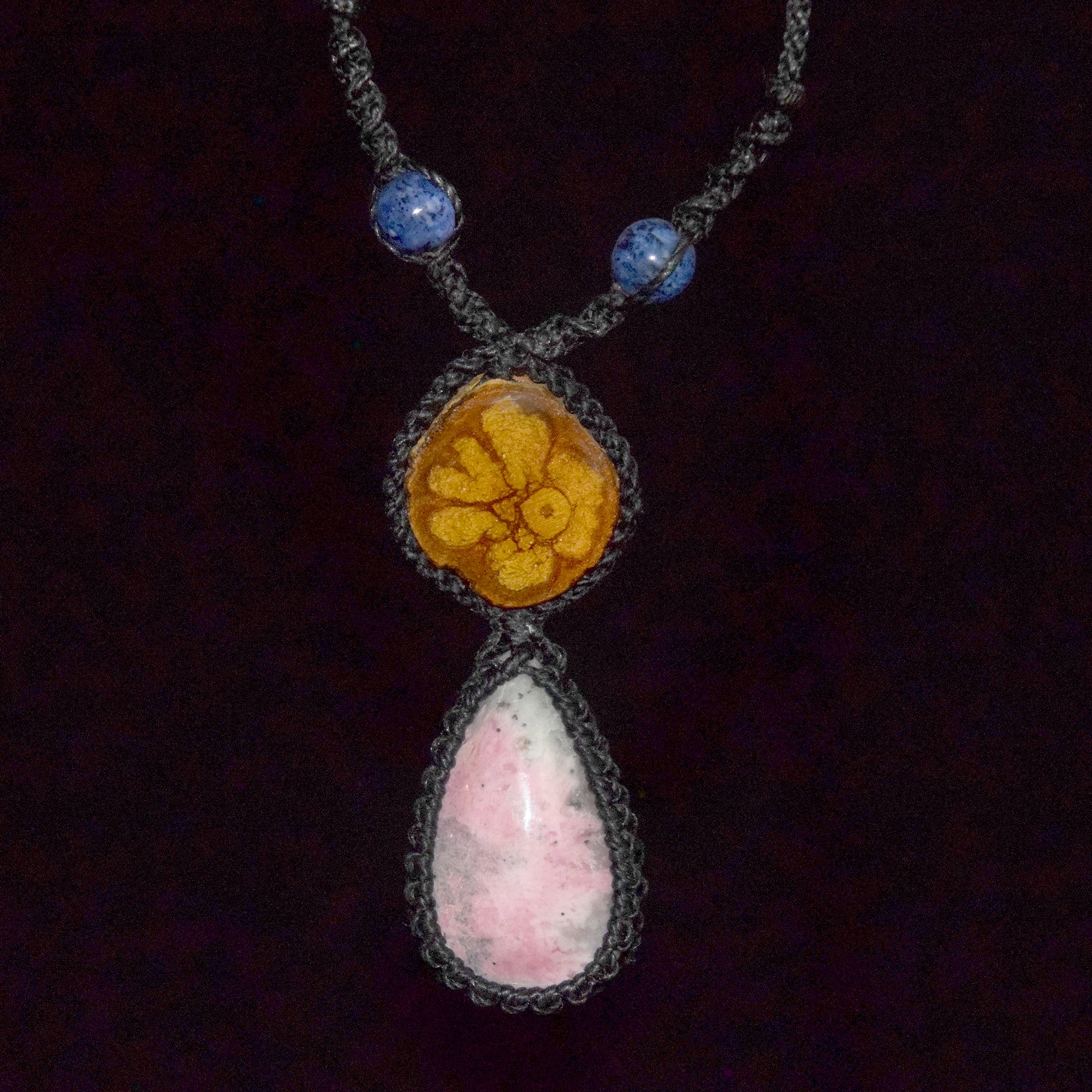 Ayahuasca vine and pink rhodocrosite macrame necklace - Amazon Ecology