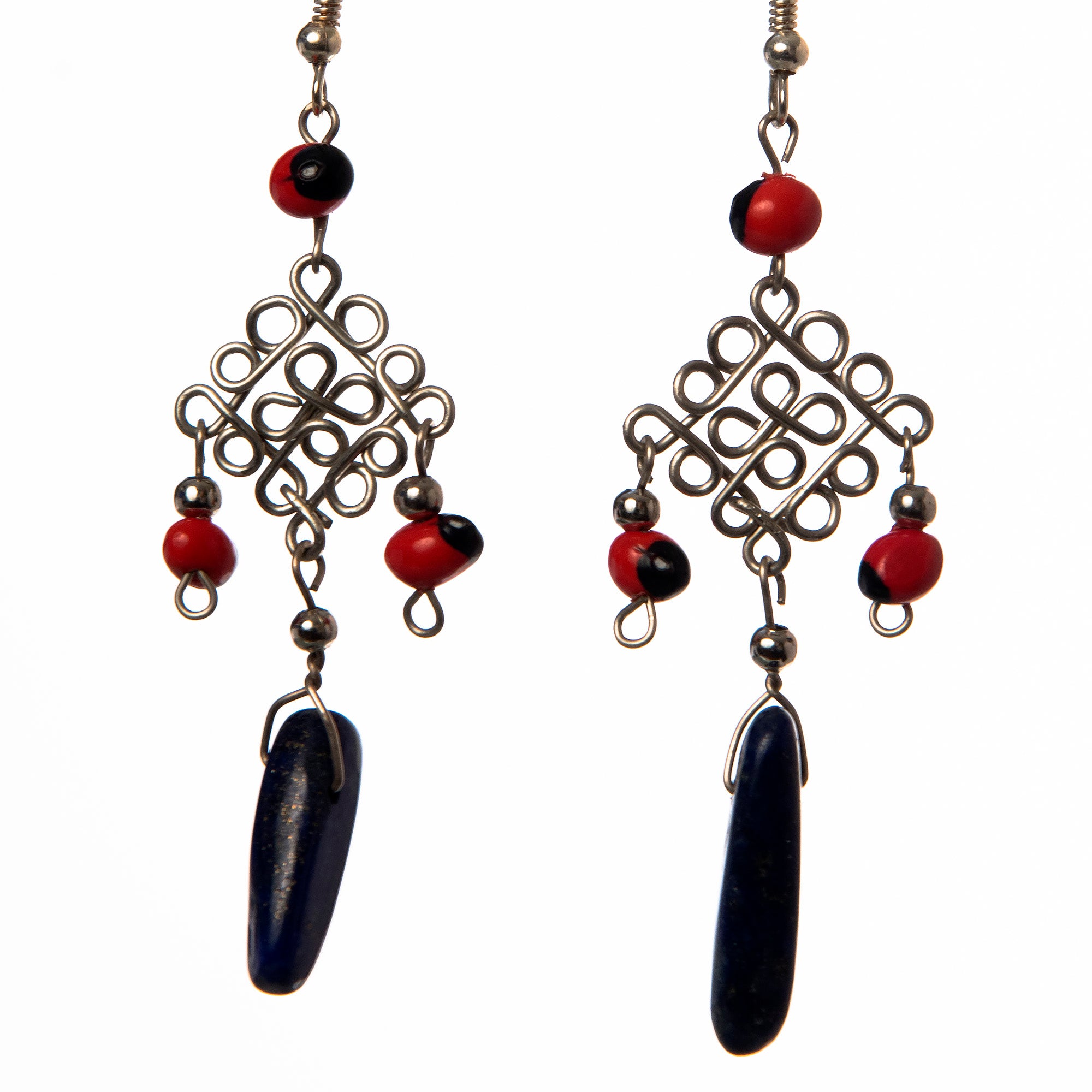 Silver Wire Lattice with Huayruru Beads and Lapis Lazuli, Dangling Earrings - Amazon Ecology