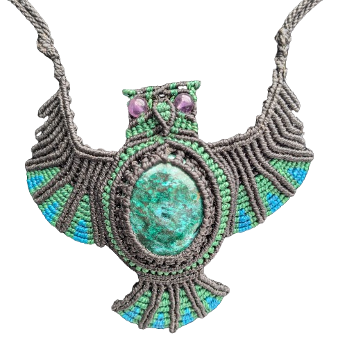 Chrysocolla stone macrame owl necklace from the Peruvian Amazon