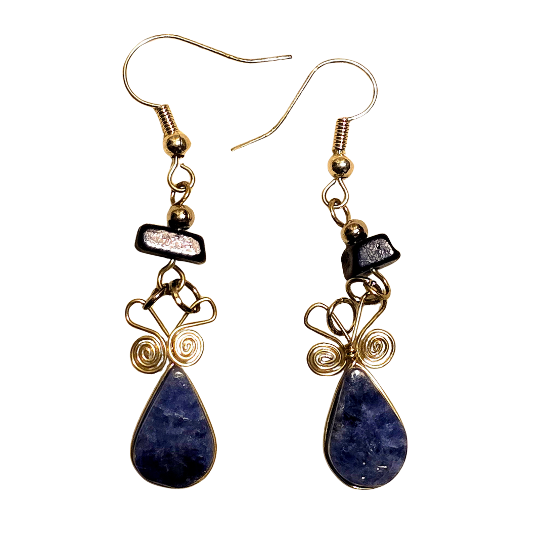 Sodalite teardrop stone and silver wire earrings - made by Peruvian Amazon artisan - Amazon Ecology