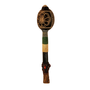Calabash maraca with crystal carved with Shipibo geometric designs