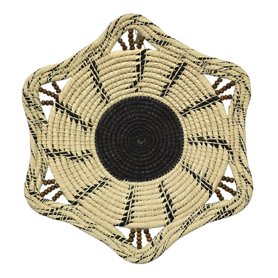 Six-sided premier chambira basket with solid color center and swirls - made by artisans from the Peruvian Amazon