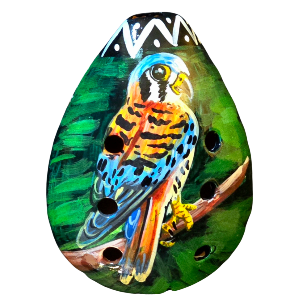 Ocarina ceramic whistle with painted wildlife figures - made by a Peruvian Amazon artisan