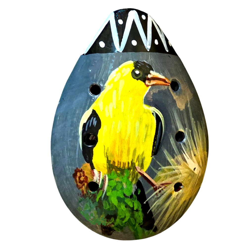 Ocarina ceramic whistle with painted wildlife figures - made by a Peruvian Amazon artisan