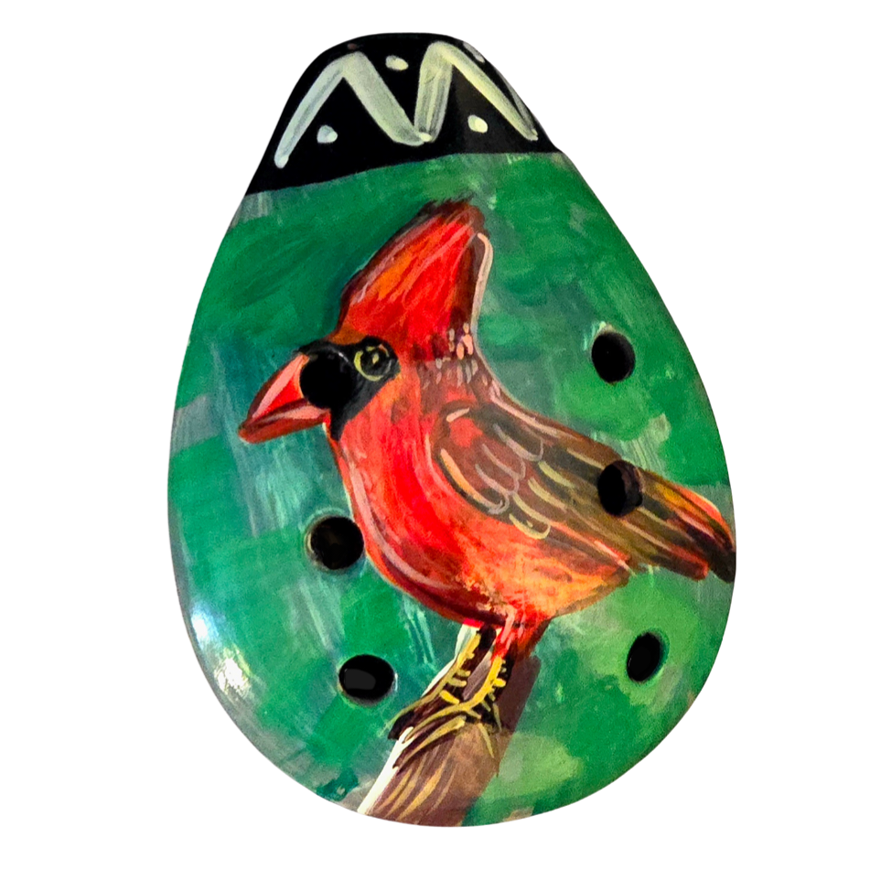 Ocarina ceramic whistle with painted wildlife figures - made by a Peruvian Amazon artisan