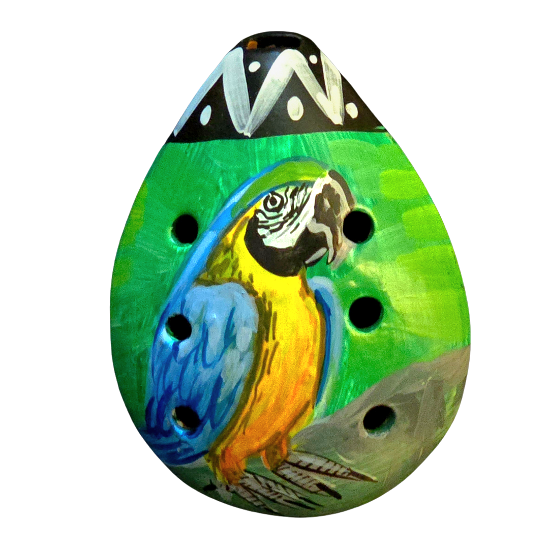 Ocarina ceramic whistle with painted wildlife figures - made by a Peruvian Amazon artisan