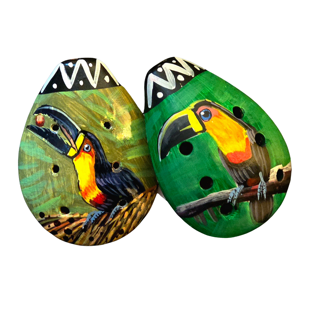 Ocarina ceramic whistle with painted wildlife figures - made by a Peruvian Amazon artisan