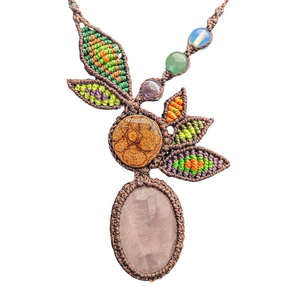 Fancy stone or crystal and ayahuasca vine macrame leaves necklace from the Peruvian Amazon