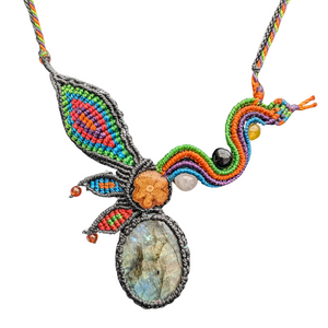 Fancy stone or crystal and ayahuasca vine macrame leaves necklace from the Peruvian Amazon