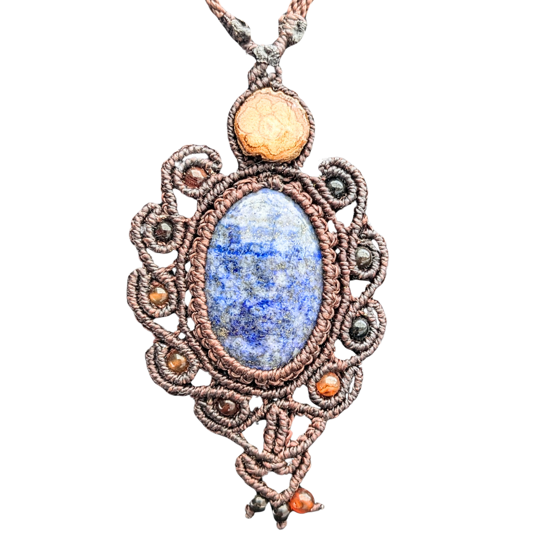 Fancy sodalite and ayahuasca vine macrame necklace from the Peruvian Amazon