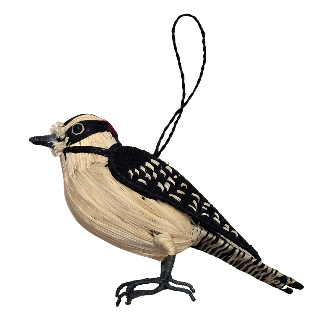 DOWNY WOODPECKER BIRD WOVEN ORNAMENT - HANDMADE BY PERUVIAN AMAZON ARTISAN