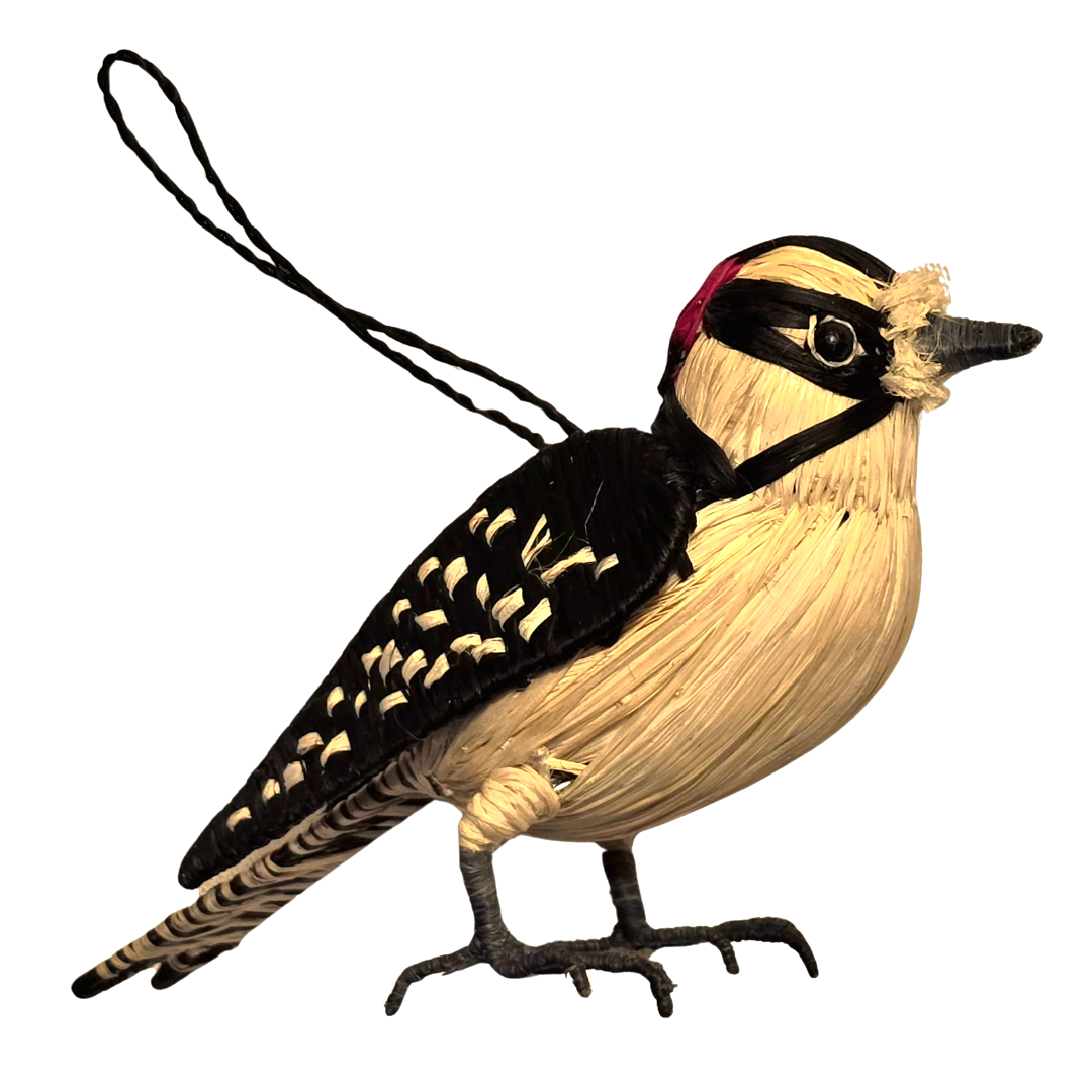 DOWNY WOODPECKER BIRD WOVEN ORNAMENT - HANDMADE BY PERUVIAN AMAZON ARTISAN