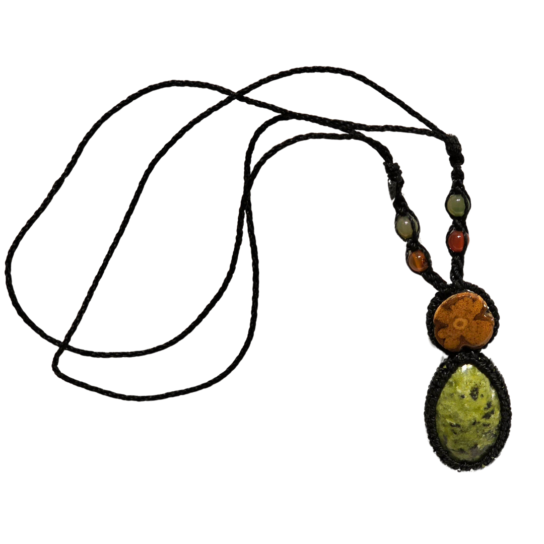 Ayahuasca vine and serpentine stone macrame necklace