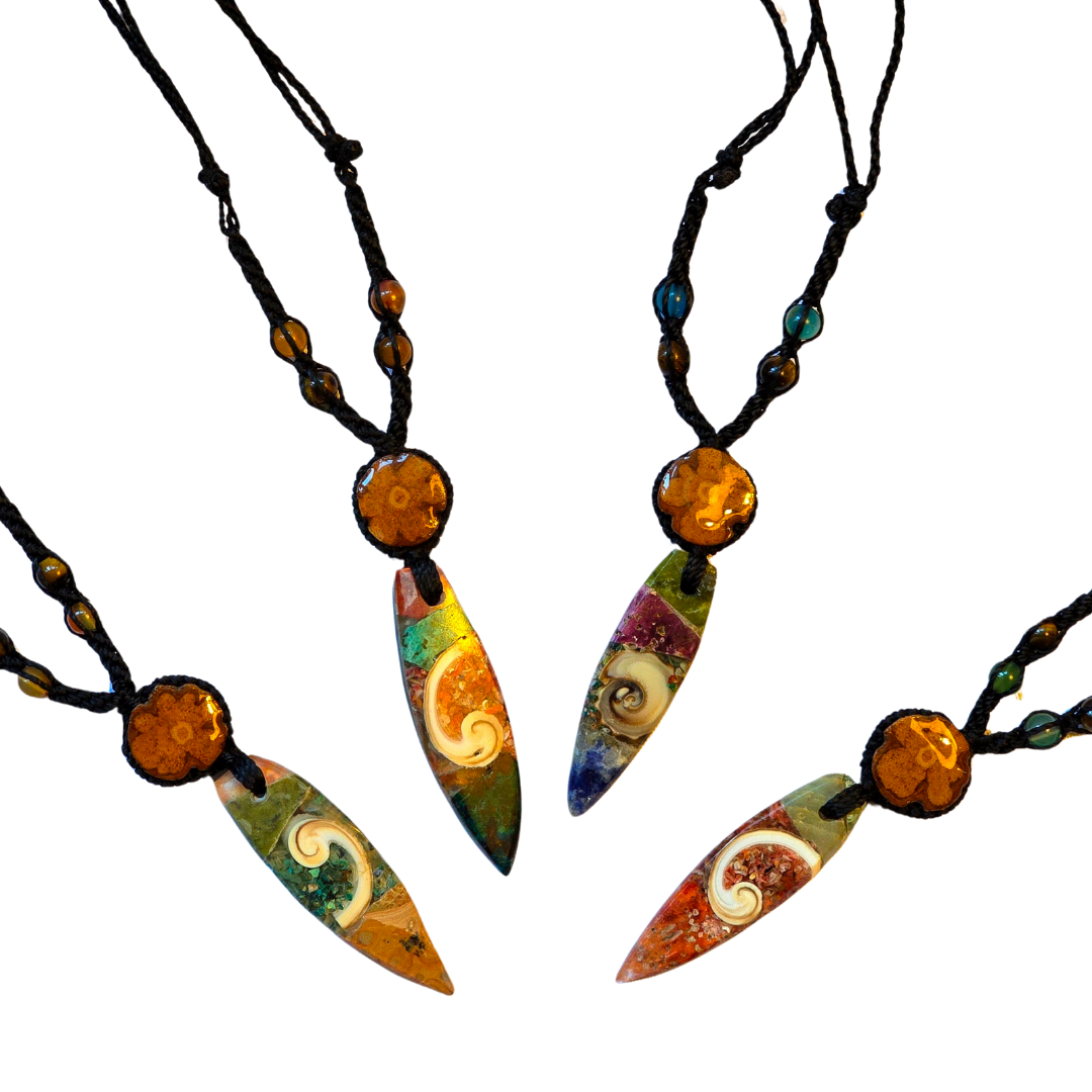 Ayahuasca, abalone and spearpoint stone necklace from the Peruvian Amazon