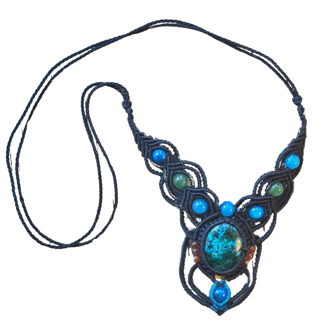 Chrysocolla turquoise stone macrame necklace from the Peruvian Amazon