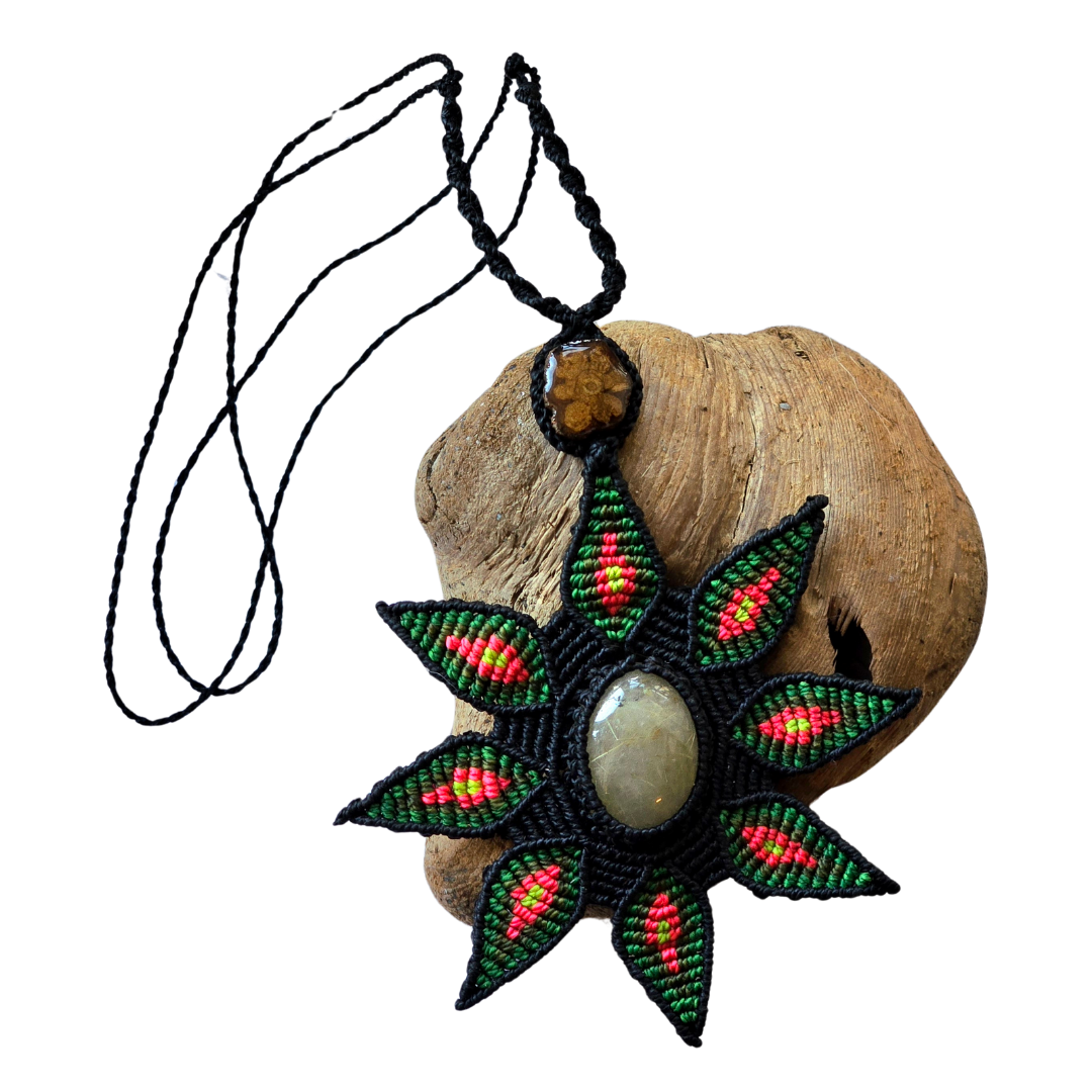 Quartz and ayahuasca vine macrame star necklace from the Peruvian Amazon